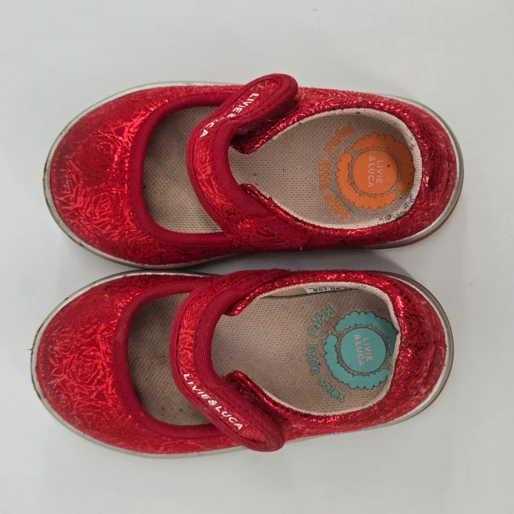 Livie Luca Toddler Girls 6 Red Metallic Foil Rose Mary Jane Shoes Festive Casual